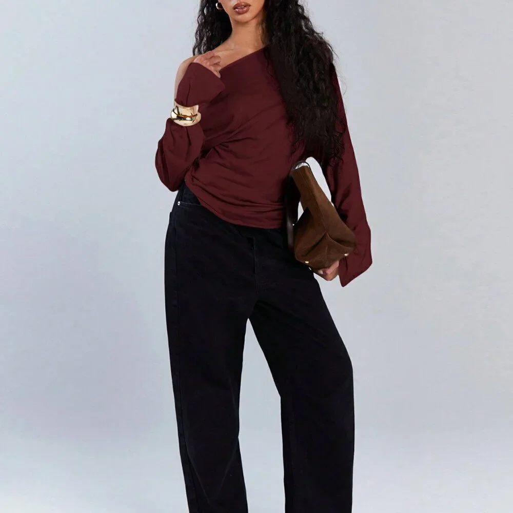 burgundy Casual Women's Asymmetric Collar Drawstring Top